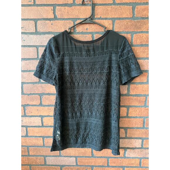 Zara Basic Black Lace Beaded Sheer Top - Size Large Whimsy Goth Mesh - Picture 6 of 13